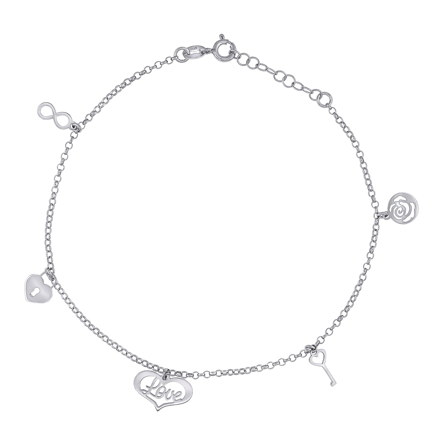 Sterling Silver Women Love Charms Anklet Size 10 Inches