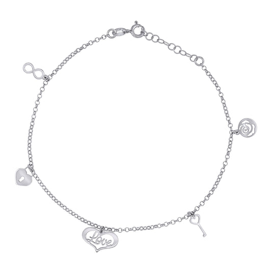 Sterling Silver Women Love Charms Anklet Size 10 Inches