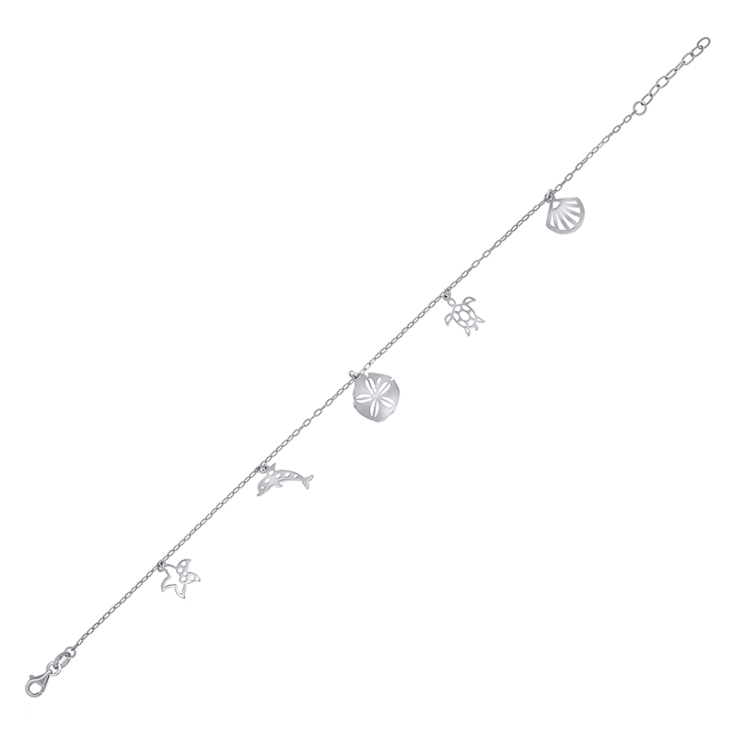 Sterling Silver Womens Ocean Life Charms Anklet Size 10 Inches