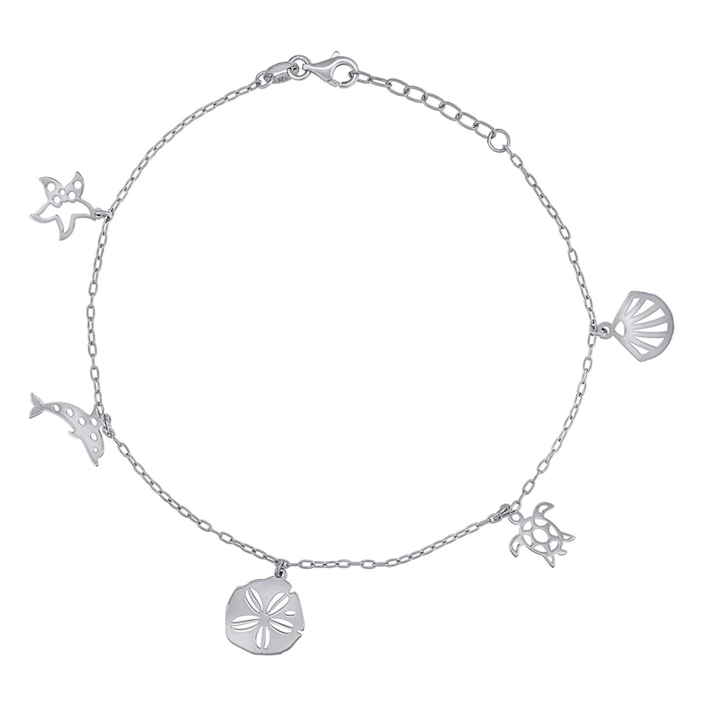 Sterling Silver Womens Ocean Life Charms Anklet Size 10 Inches