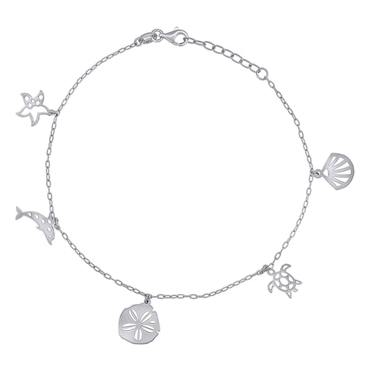 Sterling Silver Womens Ocean Life Charms Anklet Size 10 Inches