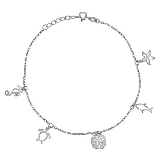 Sterling Silver Womens Ocean Life Charms Anklet Size 10 Inches