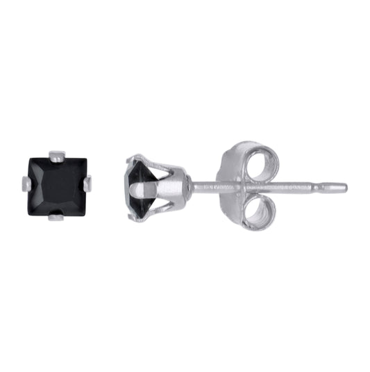 Sterling Silver Unisex Princess Cut Black Cubic-Zirconia 3mm Square Stud Earrings