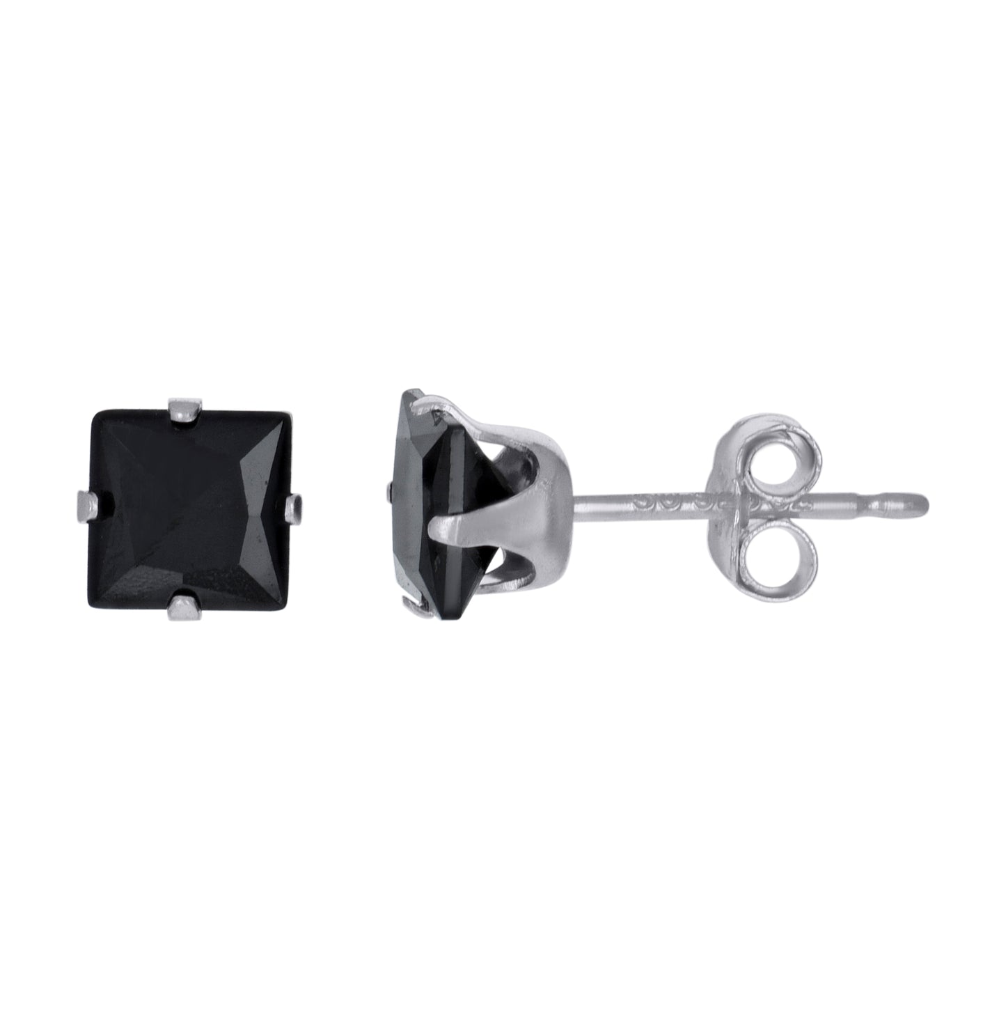 Sterling Silver Unisex Princess Cut Black Cubic-Zirconia 5mm Square Stud Earrings