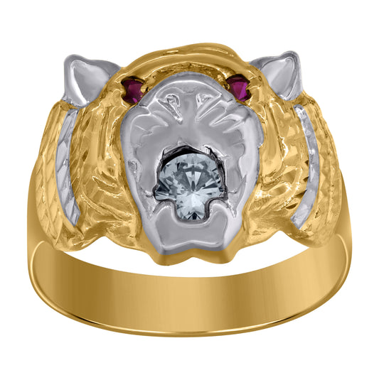 10K Two-Tone Gold Mens White Pink Cubic Zirconia Tiger Animal Ring