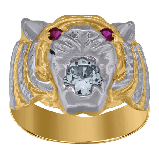 10K Two-Tone Gold Mens White Pink Cubic Zirconia Tiger Animal Ring