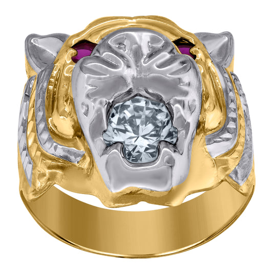 10K Two-Tone Gold Mens White Pink Cubic Zirconia Tiger Animal Ring