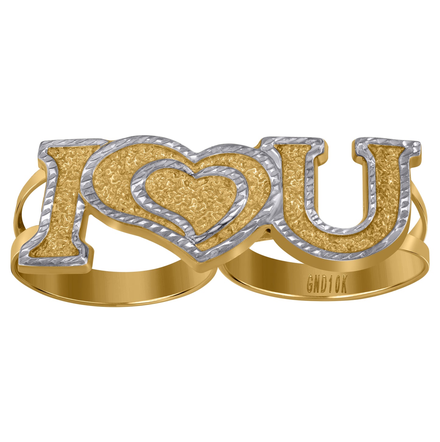 10K Two-tone Gold Womens Two-Finger I Love U Heart Ring