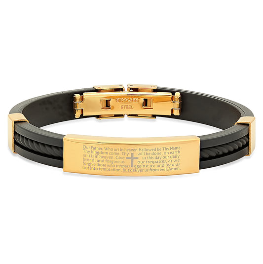 Stainless Steel Mens Yellow Black-Tone Lord's Prayer Religious Black Rubber Bracelet