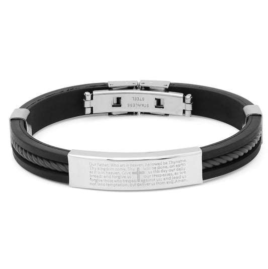 Stainless Steel Black Leather Mens Lords Prayer Religious Bracelet