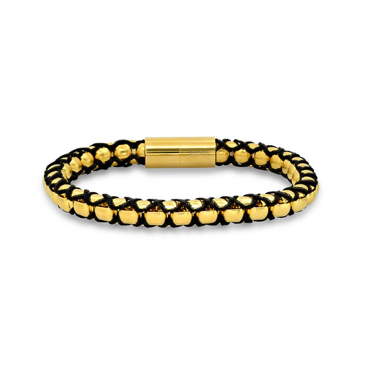 Stainless Steel Yellow-tone Unisex Beaded Fashion Bracelet With Magnetic Clasp
