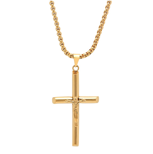 Stainless Steel Mens Yellow Crucifix Cross Religious Necklace