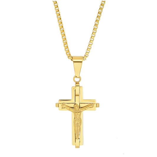 Stainless Steel Mens Yellow Crucifix Cross Religious Necklace