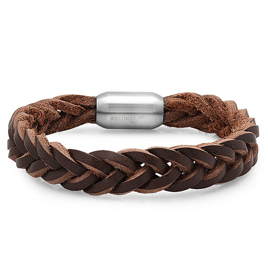 Stainless Steel Mens Braided Brown Leather With Magnetic Clasp Bracelet