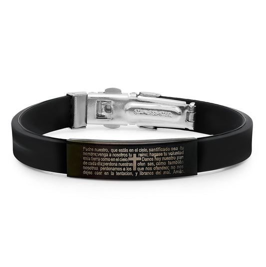 Stainless Steel Mens Black -Tone Lord's Prayer Religious Black Rubber Bracelet