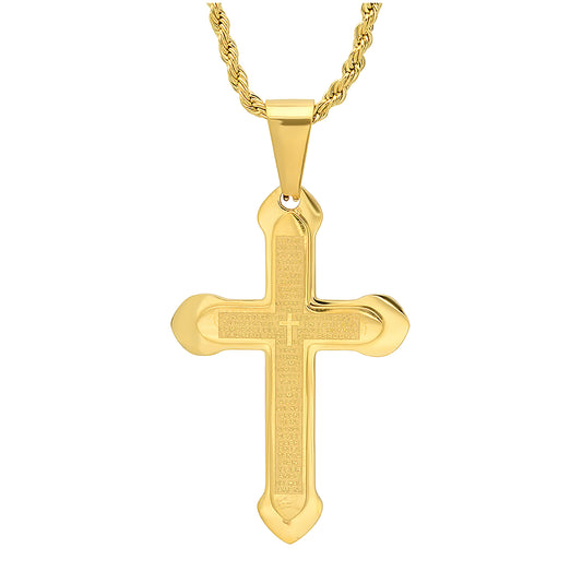 Stainless Steel Mens Yellow Cross Religious Necklace