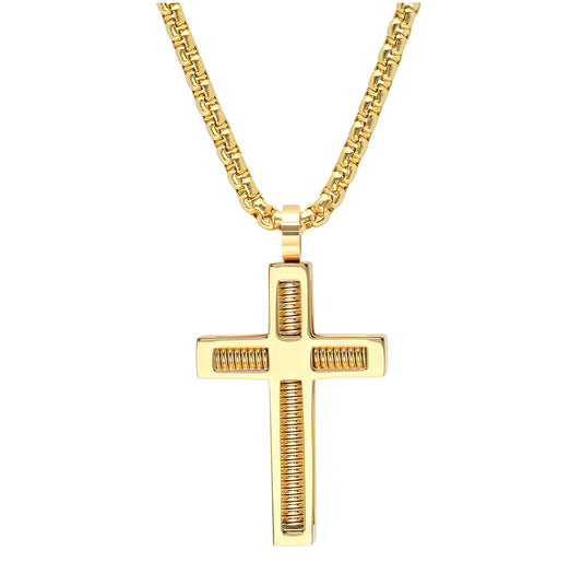 Stainless Steel Mens Yellow Cross Religious Necklace