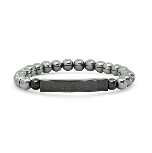 Stainless Steel Black-tone Unisex Lords Prayer Religious ID Beaded Bracelet