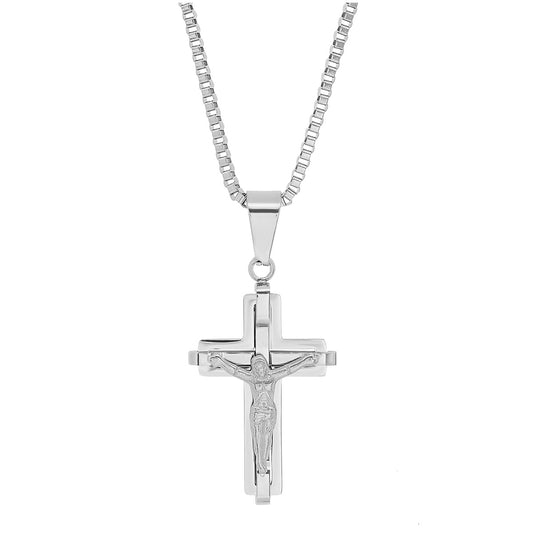 Stainless Steel Mens Crucifix Cross Religious Necklace