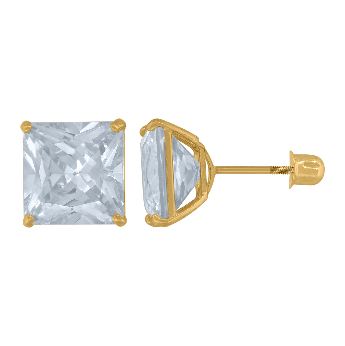 14K Yellow Gold Womens Princess-Cut Cubic-Zirconia 8mm Square Stud Earrings