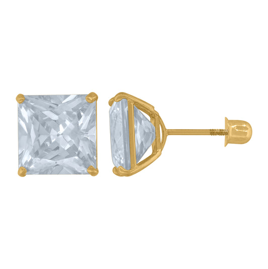 14K Yellow Gold Womens Princess-Cut Cubic-Zirconia 8mm Square Stud Earrings