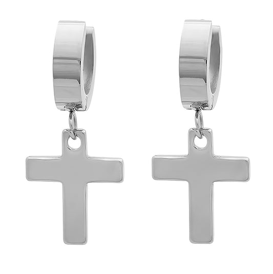 Stainless Steel Mens Cross Religious Dangler Hoop Earrings