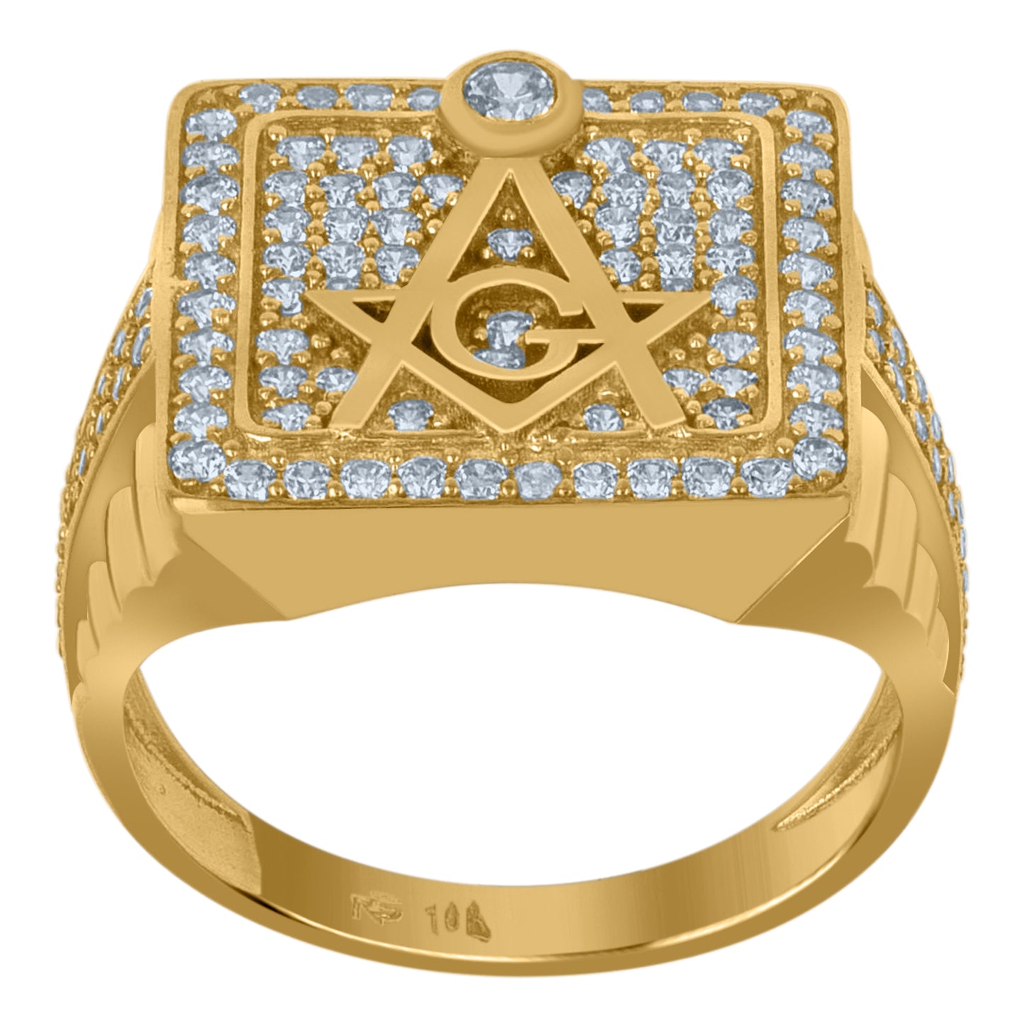 10K Yellow Gold Mens Cubic Zirconia Masonic Freemasonry Occupation Ring