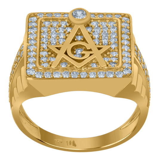 10K Yellow Gold Mens Cubic Zirconia Masonic Freemasonry Occupation Ring