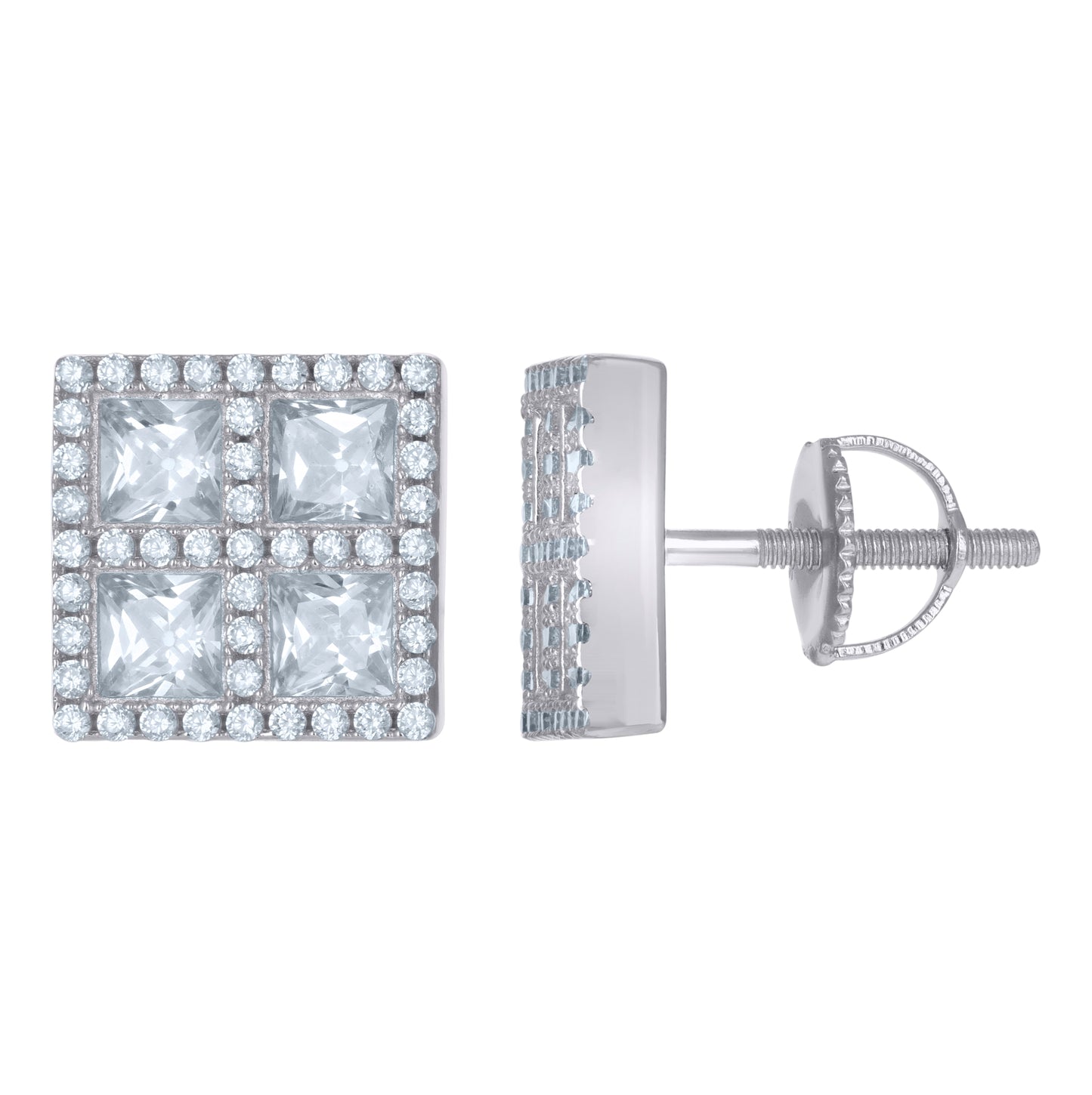 Sterling Silver Unisex Princess-Cut Cubic-Zirconia Square Fashion Stud Earrings
