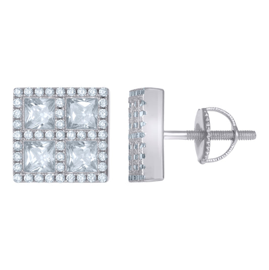 Sterling Silver Unisex Princess-Cut Cubic-Zirconia Square Fashion Stud Earrings