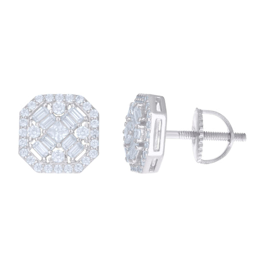Sterling Silver Unisex Baguette Cubic-Zirconia Octagon Fashion Stud Earrings