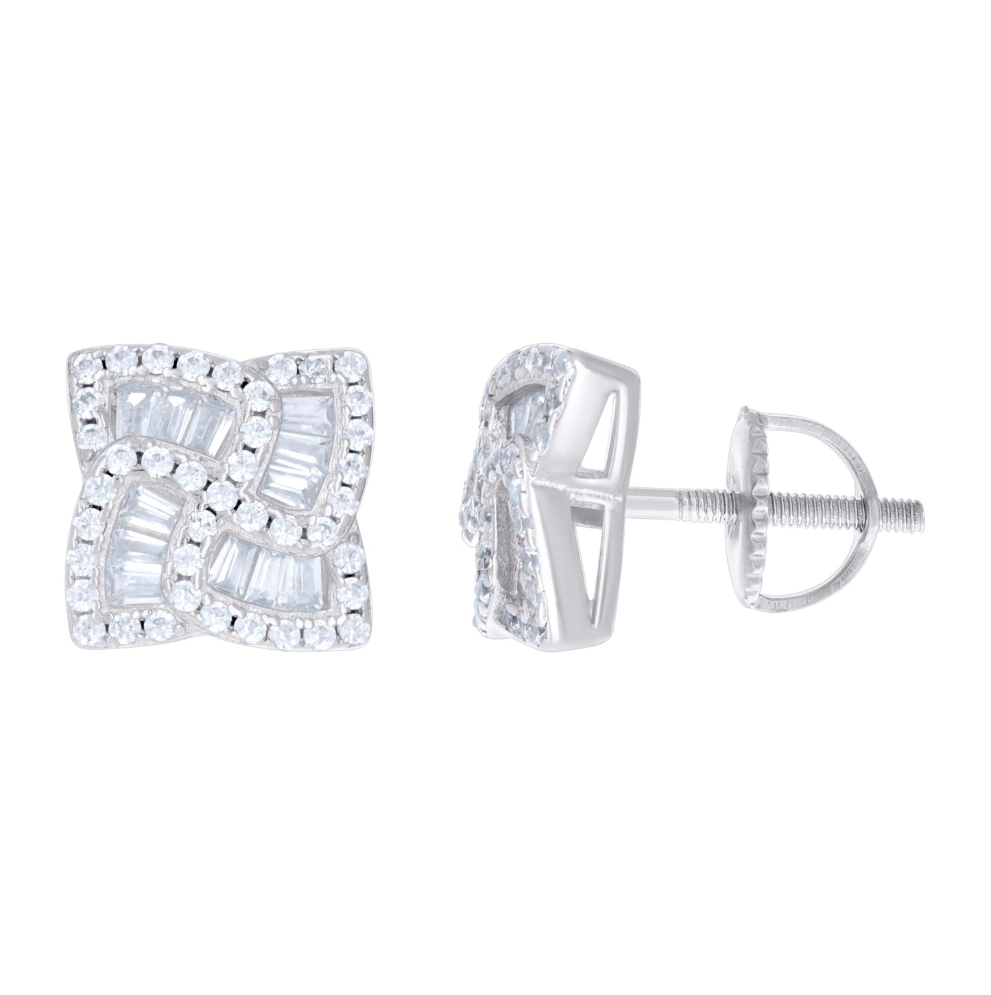 Sterling Silver Unisex Baguette Cubic-Zirconia Fashion Stud Earrings