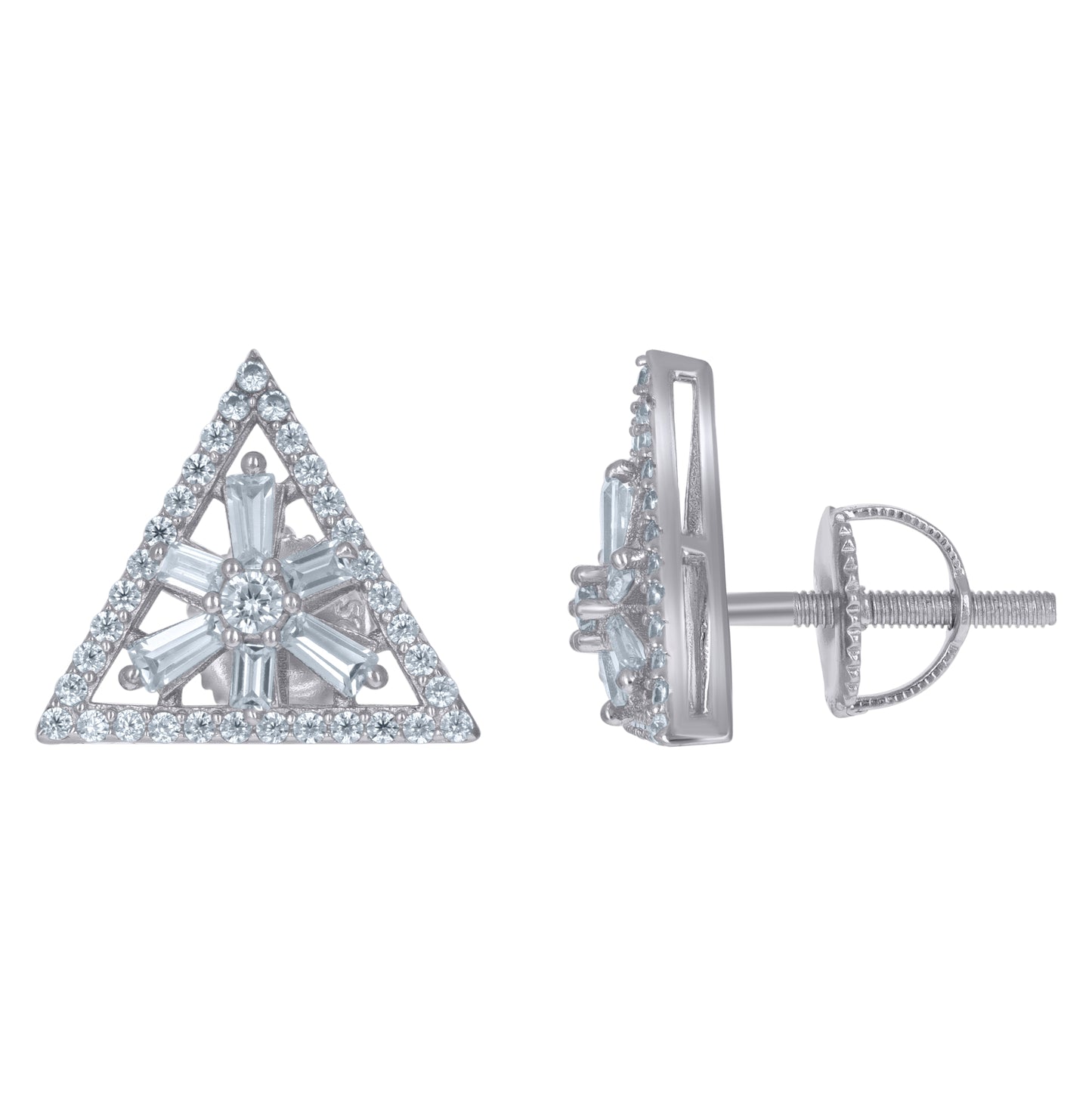 Sterling Silver Unisex Baguette Cubic-Zirconia Triangle Fashion Stud Earrings