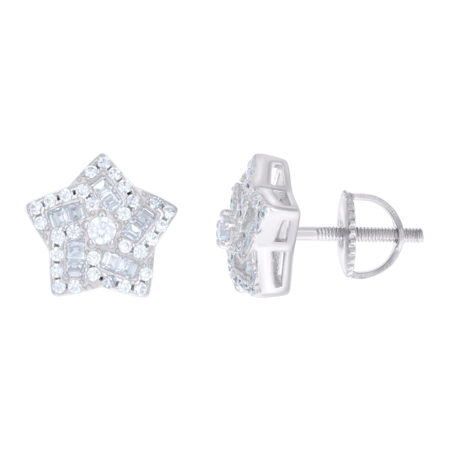 Sterling Silver Unisex Baguette Cubic-Zirconia Star Fashion Stud Earrings