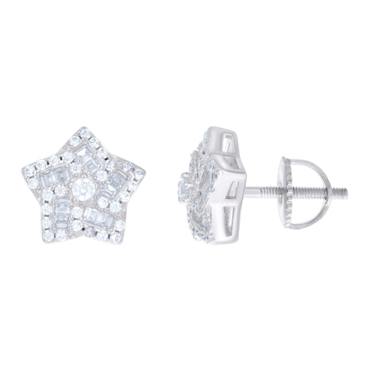 Sterling Silver Unisex Baguette Cubic-Zirconia Star Fashion Stud Earrings