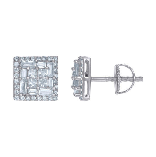 Sterling Silver Unisex Baguette Cubic-Zirconia Square Fashion Stud Earrings
