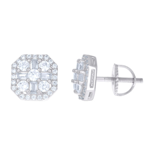 Sterling Silver Unisex Baguette Cubic-Zirconia Octagon Fashion Stud Earrings