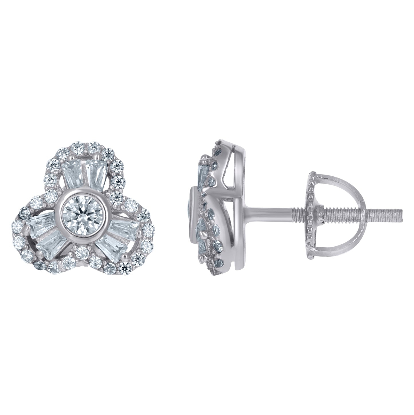 Sterling Silver Unisex Baguette Cubic-Zirconia Flower Fashion Stud Earrings