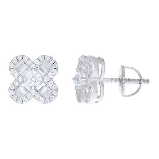 Sterling Silver Unisex Baguette Cubic-Zirconia Flower Fashion Stud Earrings