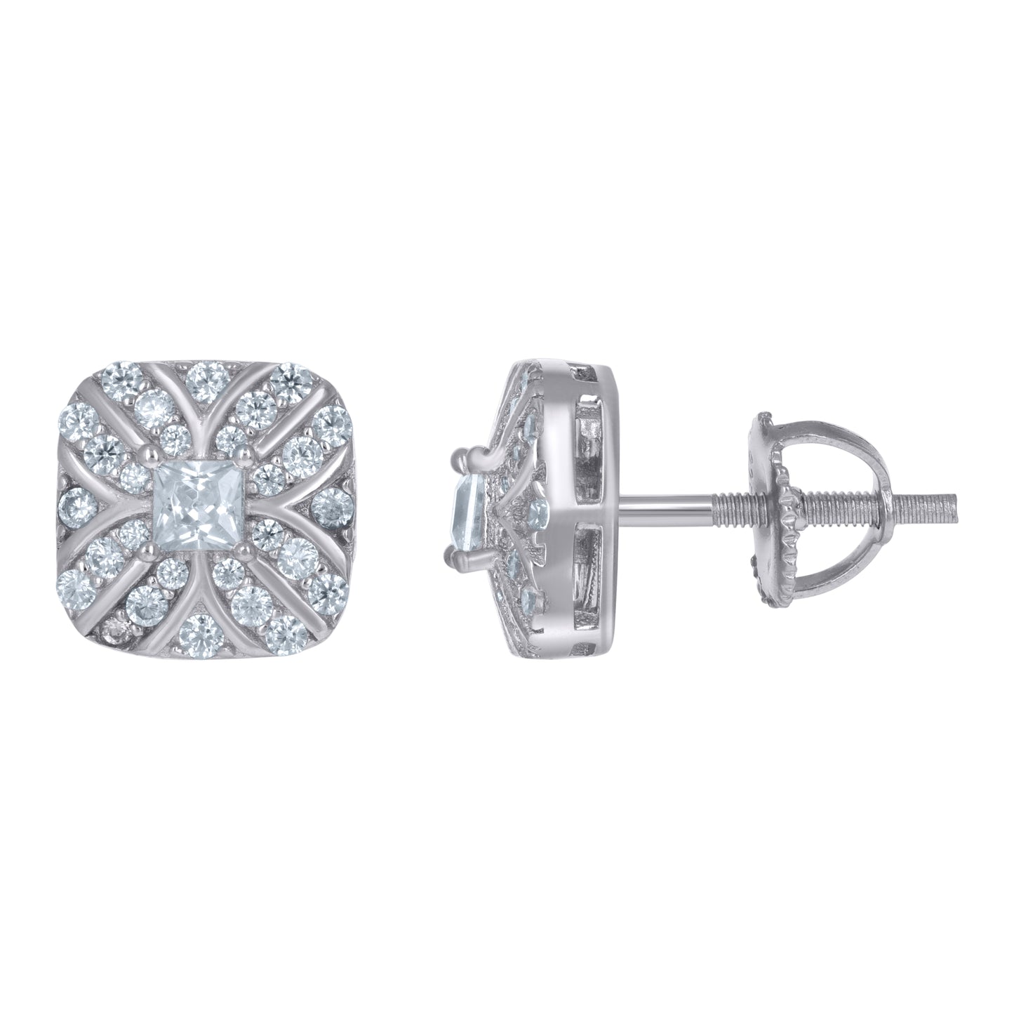 Sterling Silver Unisex Princess-Cut Cubic-Zirconia Square Fashion Stud Earrings