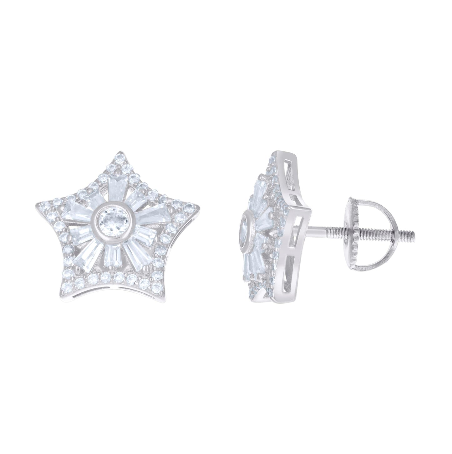 Sterling Silver Unisex Baguette Cubic-Zirconia Star Fashion Stud Earrings