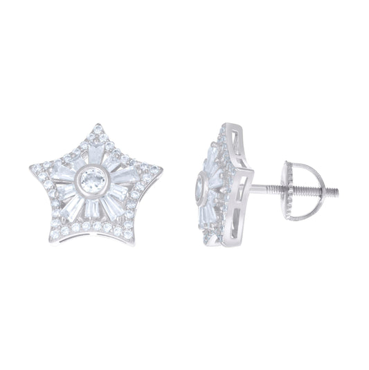 Sterling Silver Unisex Baguette Cubic-Zirconia Star Fashion Stud Earrings