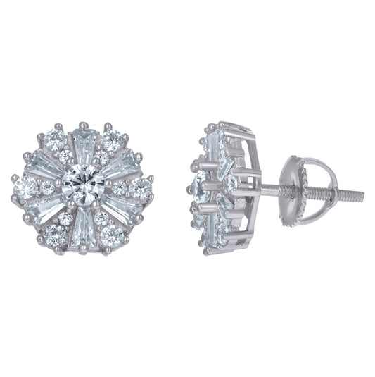 Sterling Silver Unisex Baguette Cubic-Zirconia Flower Fashion Stud Earrings