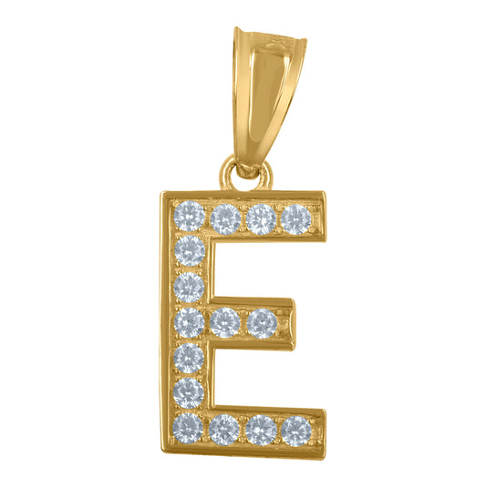 10K Yellow Gold Unisex Cubic Zirconia E Alphabet Initial Charm Pendant