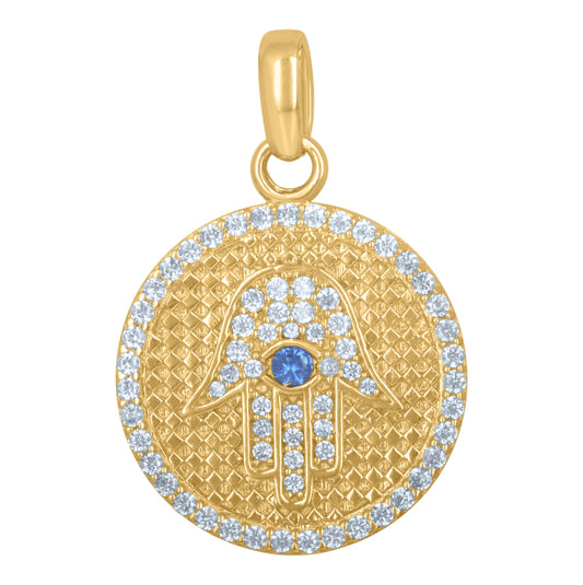 10K Yellow Gold Mens White Blue Cubic Zirconia Hamsa Religious Charm Pendant
