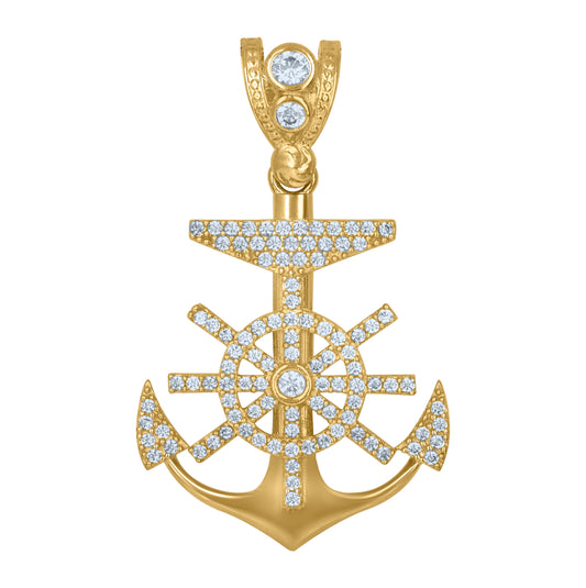 10K Yellow Gold Mens Cubic Zirconia Anchor Ocean Charm Pendant