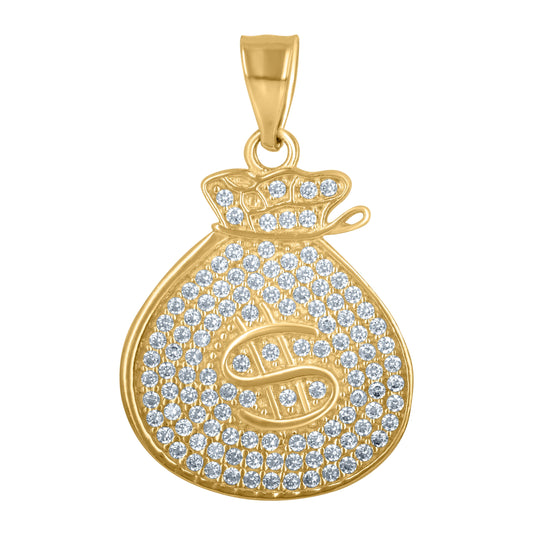 10K Yellow Gold Mens Cubic Zirconia Moneybag Gambling Charm Pendant