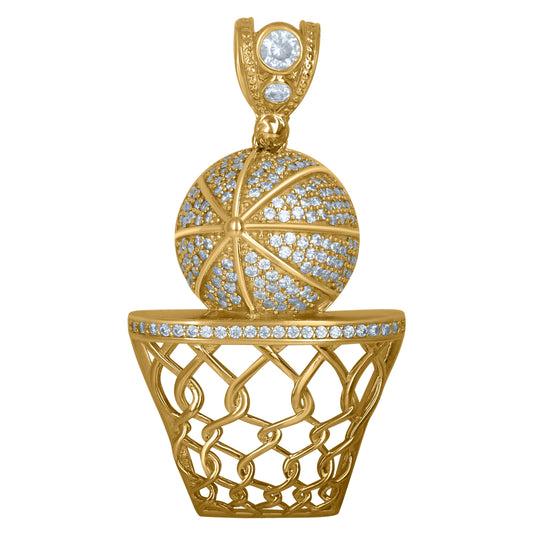 10K Yellow Gold Mens Cubic Zirconia Basket Ball Sports Charm Pendant