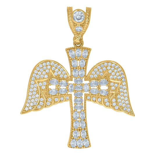 10K Yellow Gold Mens Cubic Zirconia Angel Wings Cross Religious Charm Pendant