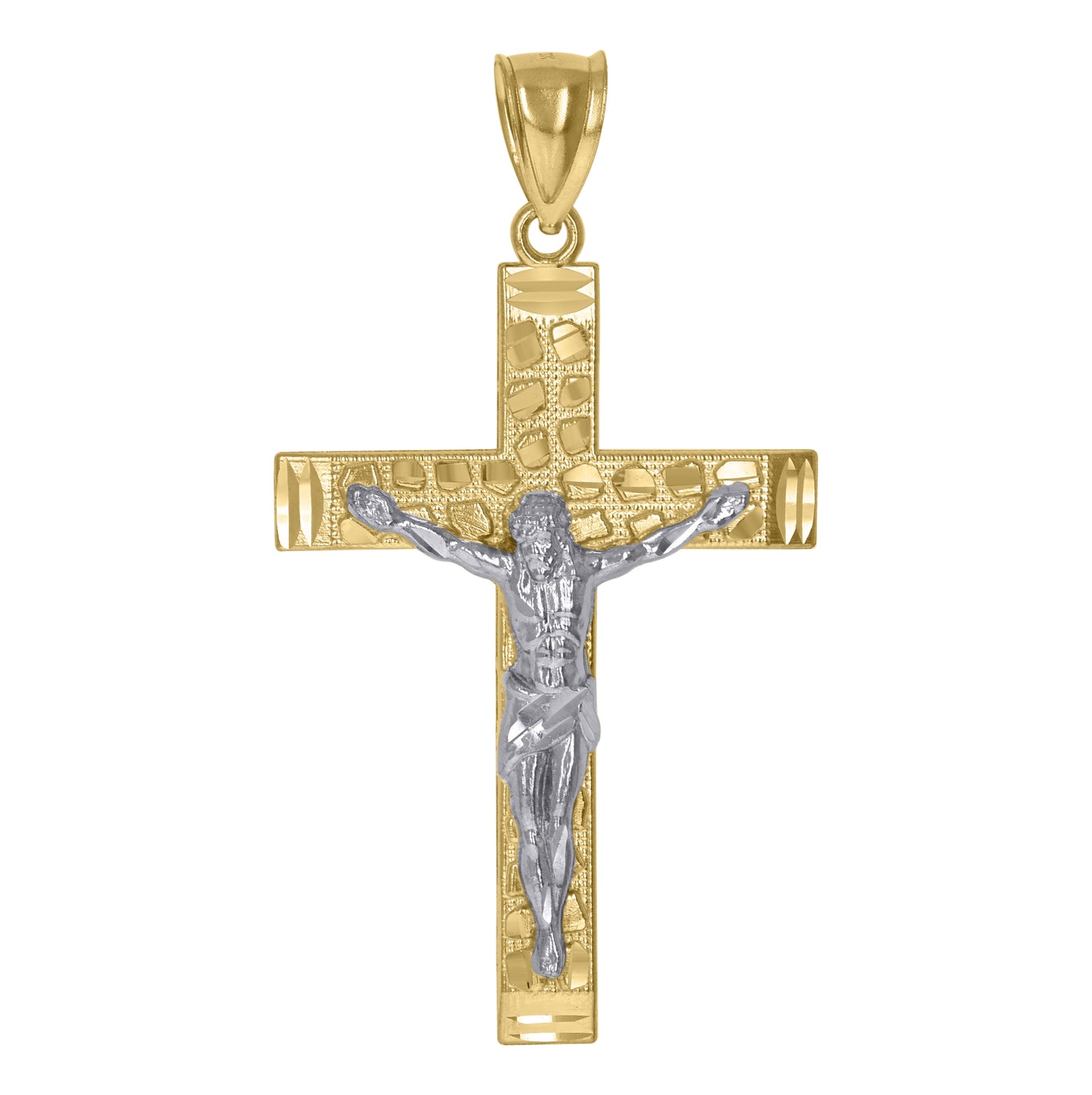 10K Two-Tone Gold Mens Nugget Crucifix Religious Charm Pendant